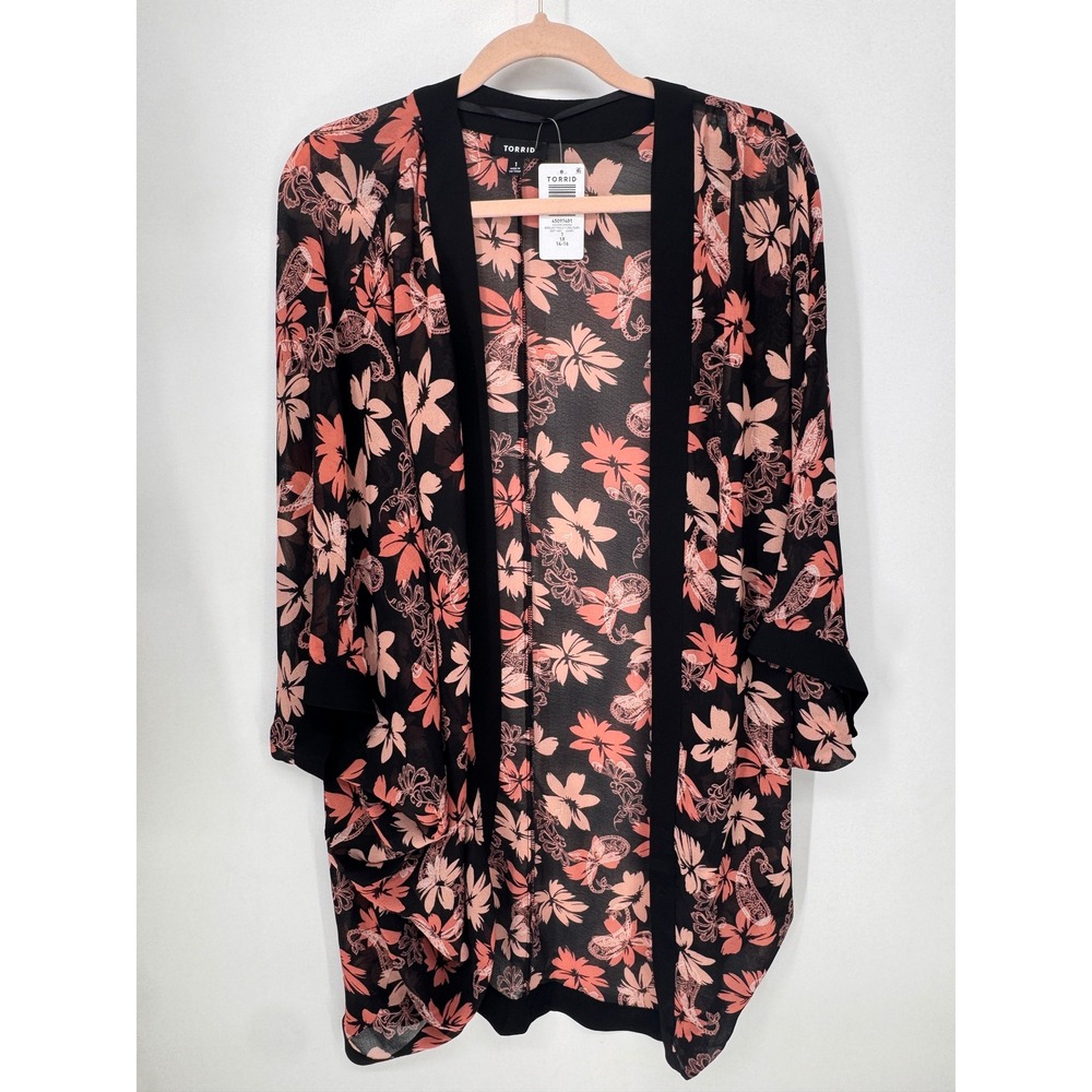 Torrid Kimono Women 1X Black NWT Backlight Paisley Floral Cocoon Chiffon Wrap